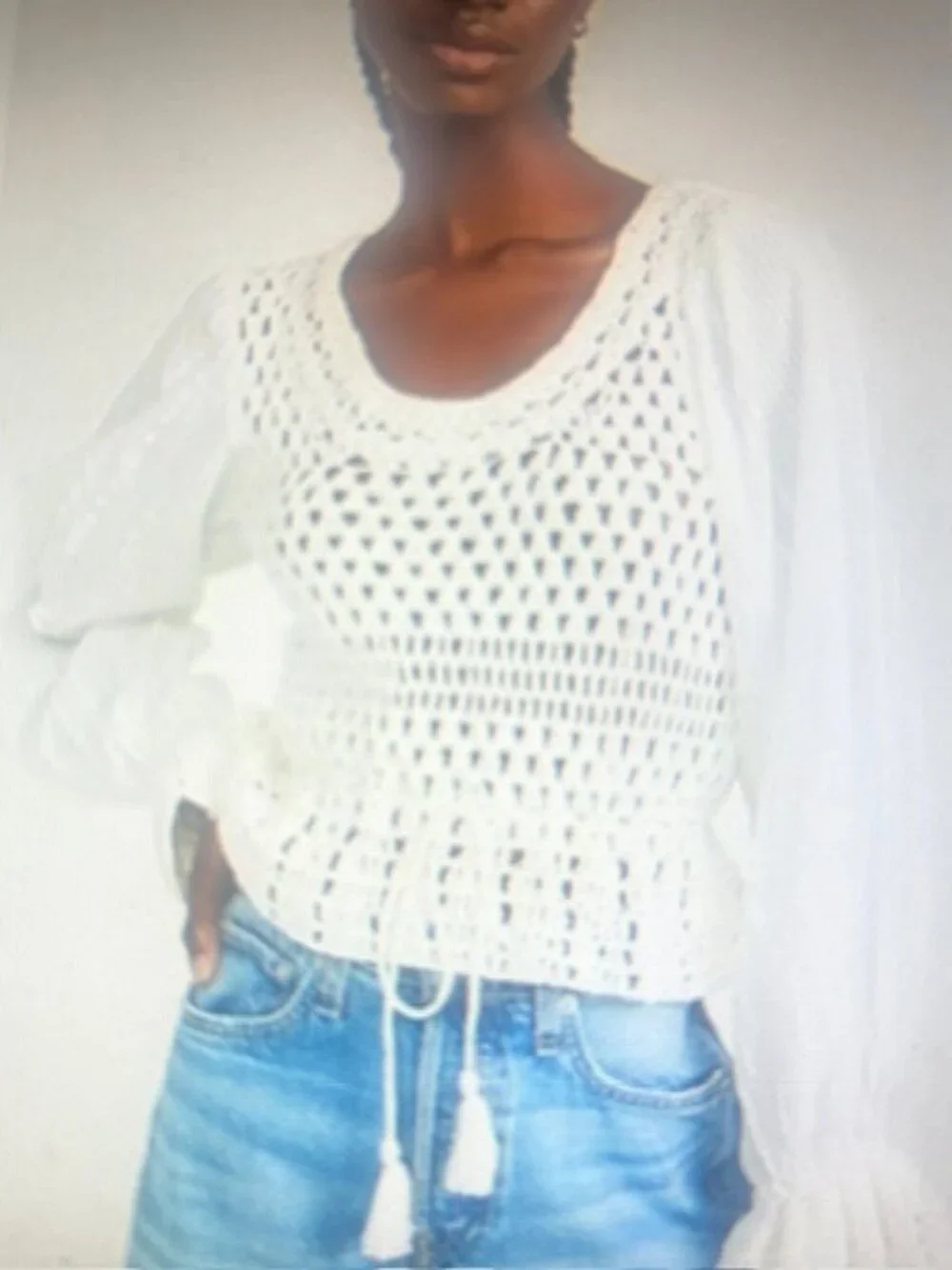 Free People Megan Crochet Ivory Scoop Neck Ruffle Hem Tie Keyhole Back Top NWT